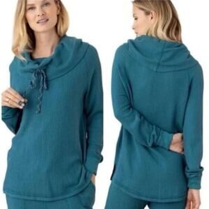 Sundance Teal Winter Postcard Waffle Knit Cowl Neck Pullover Sweater